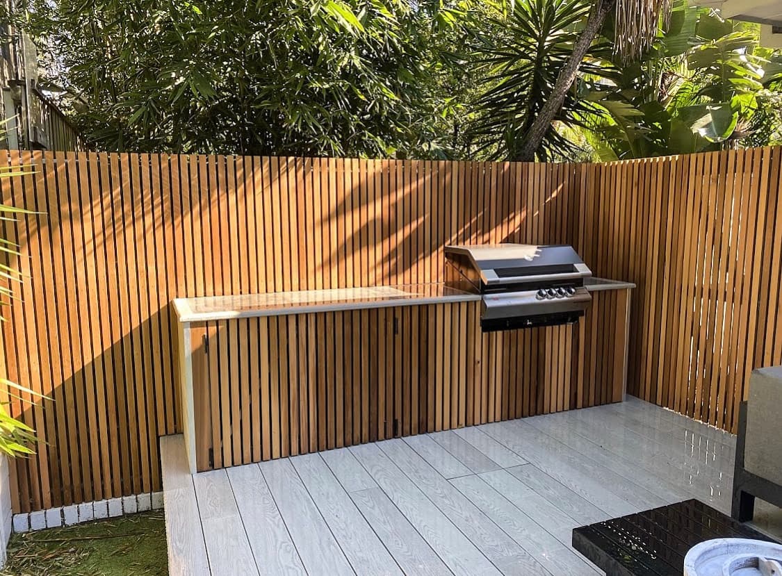 Outdoor timber slat cladding screen