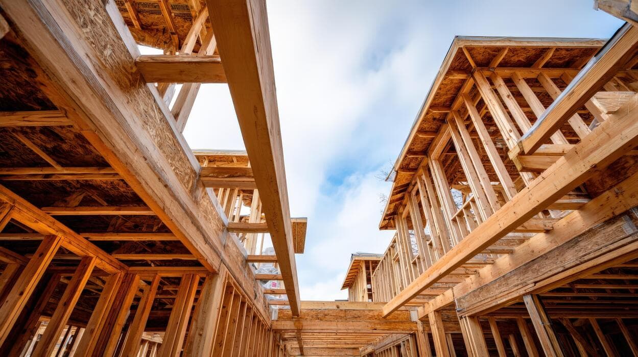 New home construction framing with sky view