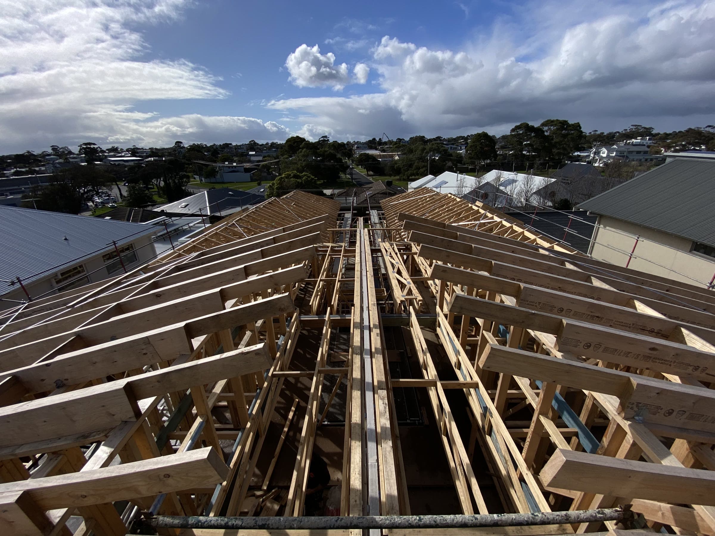 Timber roof truss framing, aerial view